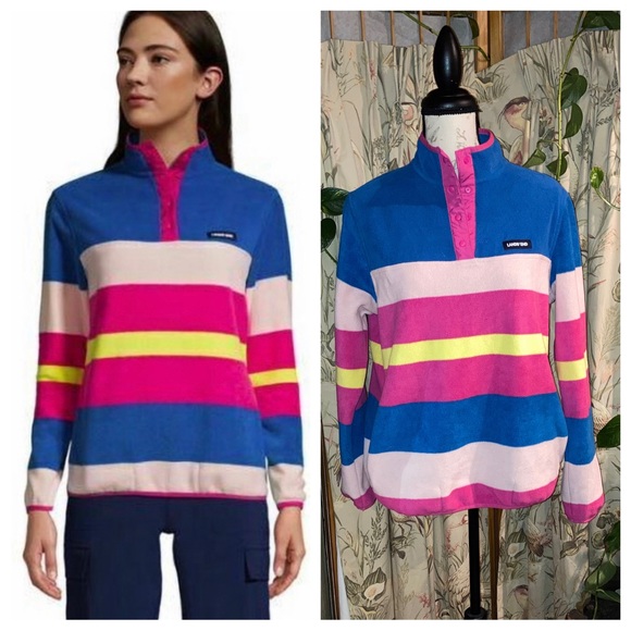 Lands' End Sweaters - Lands End Heritage Stripe Fleece Snap Neck Pullover Top Sweater Jacket sz Medium